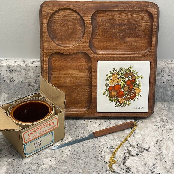 Vtg Good Wood Cheese Charcuterie Board Japan Pottery Bowl Box MCM 70s 1022 - Picture 3 of 9